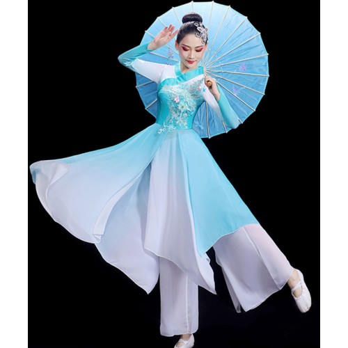 Women blue pink gradient chinese folk dance dress China traditional Classical dance costume fan umbrella fairy dance dress hanfu for woman